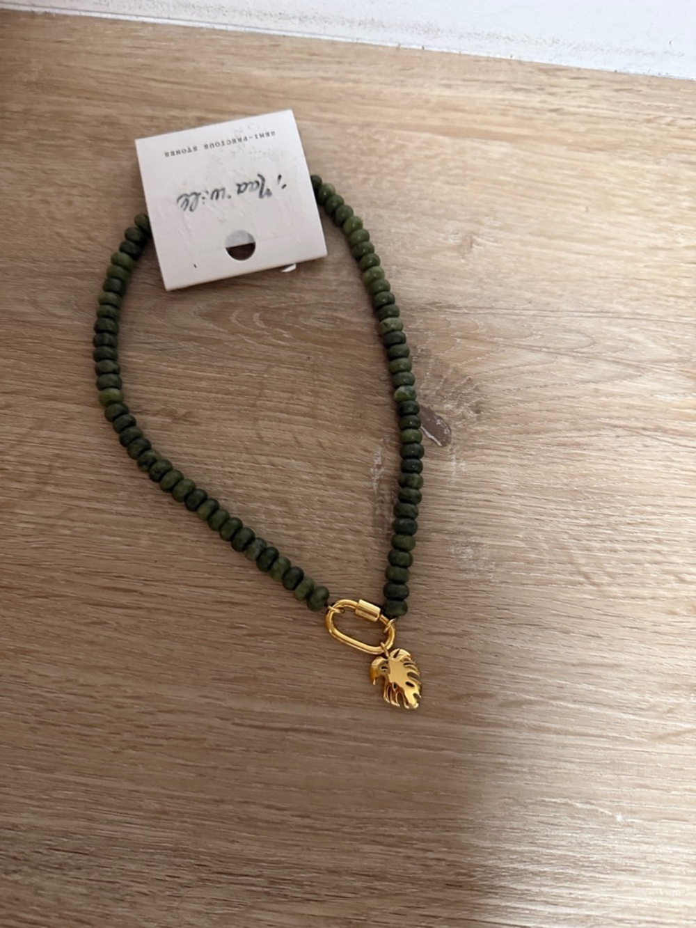 Madewell Olive Green Beaded Necklace with Gold Leaf Charm